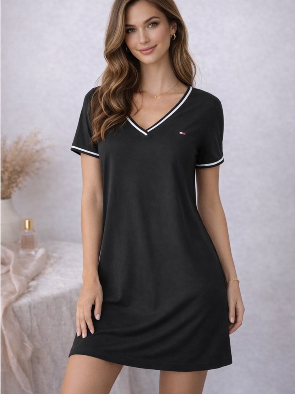 Tommy Hilfiger Logo Flag V-Neck T-Shirt Dress Black Preppy NWT XL